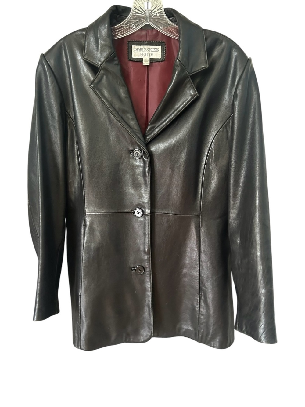 VTG Charles Klein PETITE Black Leather Jacket Sz LGP Burgundy Lining Pockets